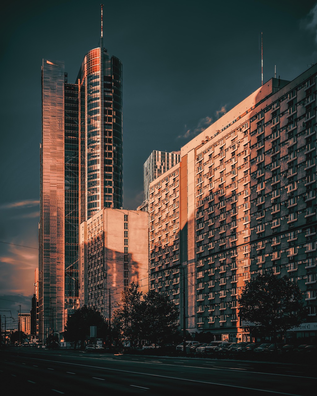 City skyline with tall skyscrapers and modern buildings