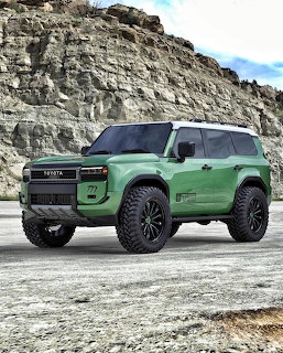 Matte green Toyota off-road SUV with black wheels parked against a rocky cliff background