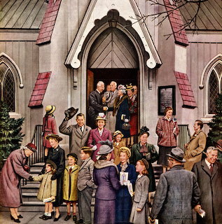 Vintage illustration of people in 1950s clothing gathering on church steps after Sunday service