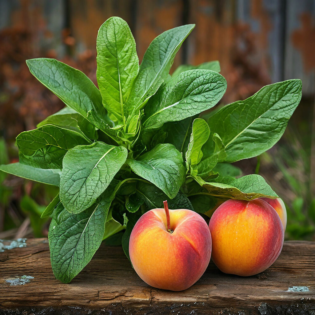 Two ripe peaches and green leafy vegetables on rustic wooden surface