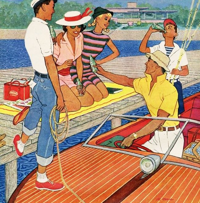 Vintage illustration of four people in summer clothes on and beside a sailboat at the dock