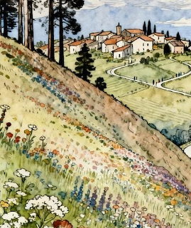 Watercolor painting of an Italian hillside village with cypress trees and wildflowers on a sunny slope