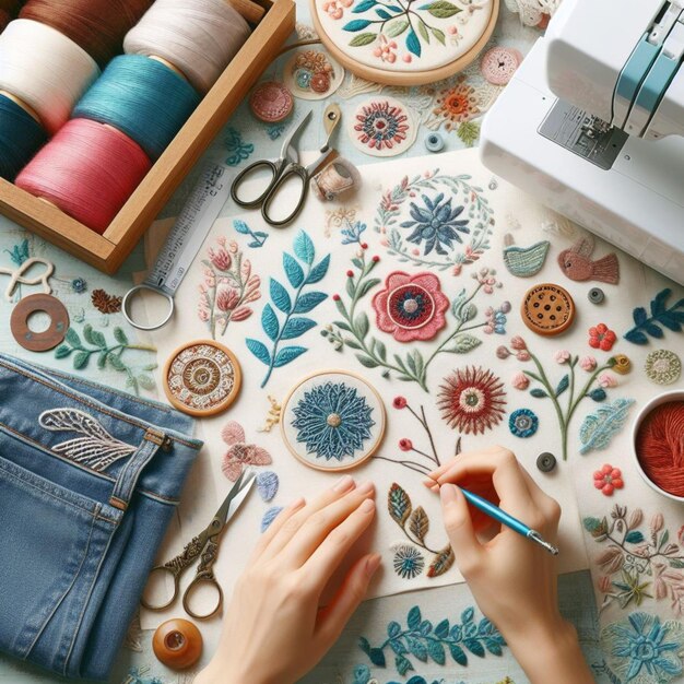 Top-down view of a sewing and embroidery table with floral designs, thread, scissors, denim, and hands drawing