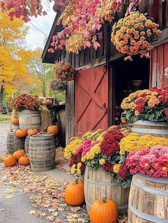 Red barn entrance decorated with colorful chrysanthemums in barels, pumpkins, and autumn foliage