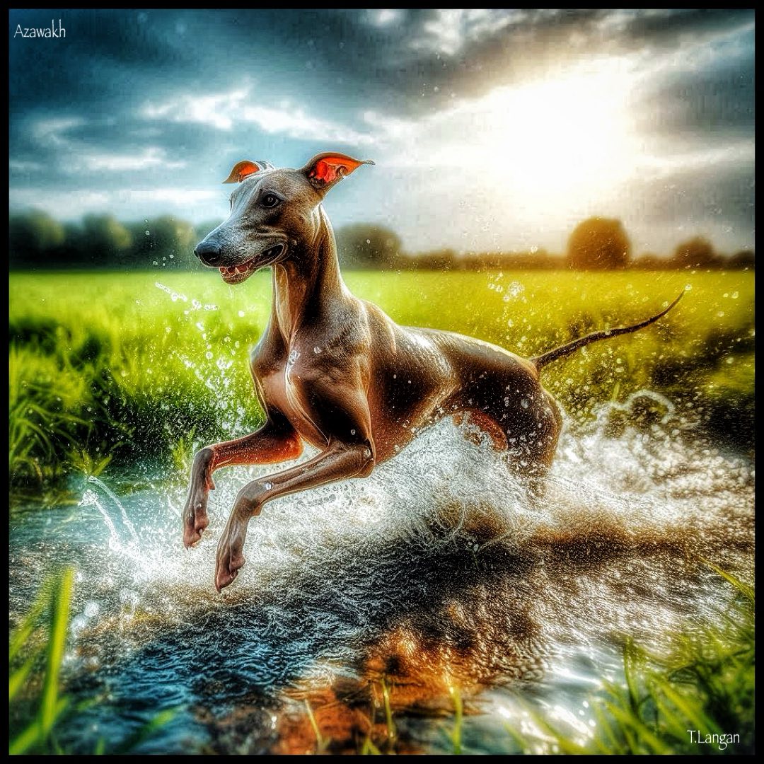Brown and white dog splashing through water in a green field under dramatic sky