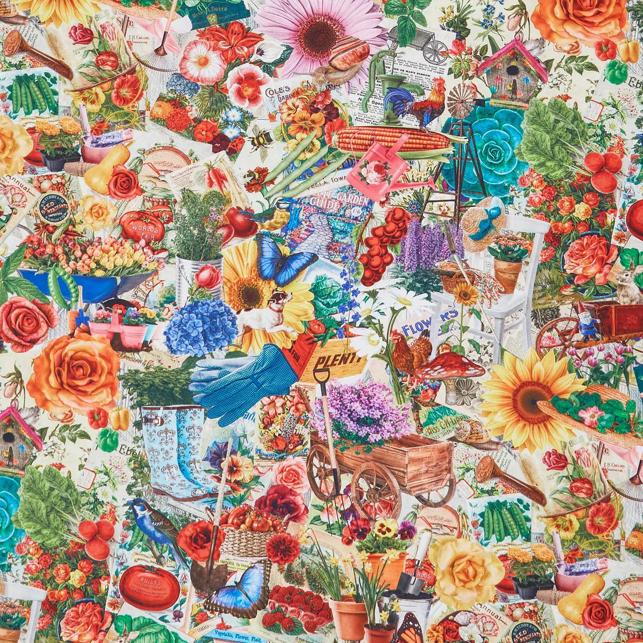 Dense collage of colorful flowers, vintage stamps, postcards, and garden-themed ephemera arranged in overlapping layers