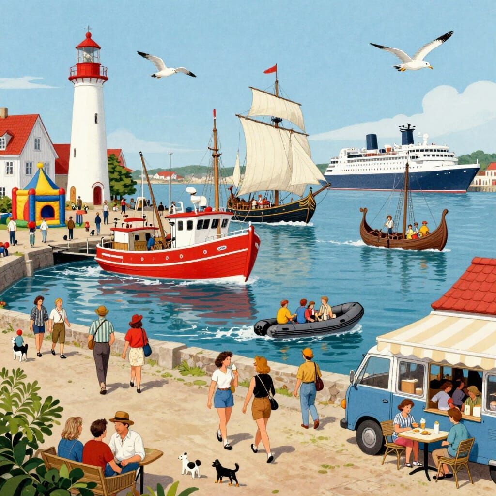 Illustrated harbor beach scene with lighthouse, sailboats, people, and seagulls
