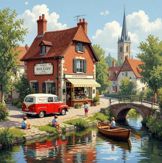 Picturesque village scene with bakery, bridge, canal boats, church, and red vintage van among trees and cottages