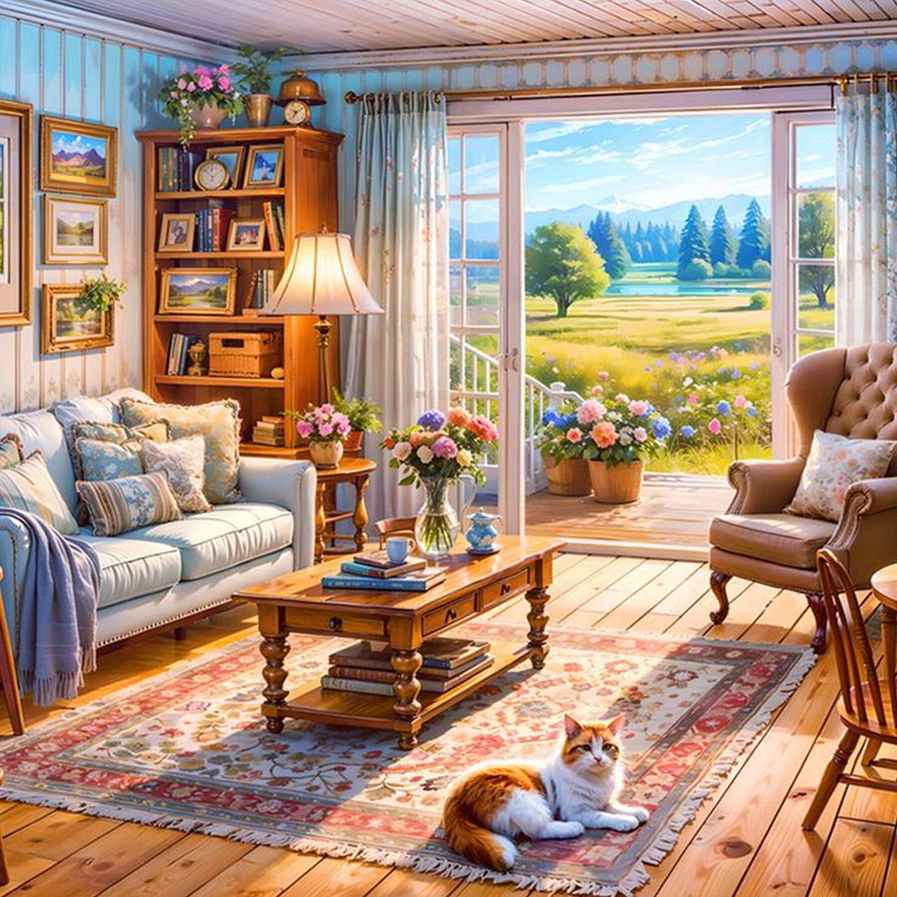 Orange cat lying on ornate rug in sunlit cottage living room with blue sofa and countryside view