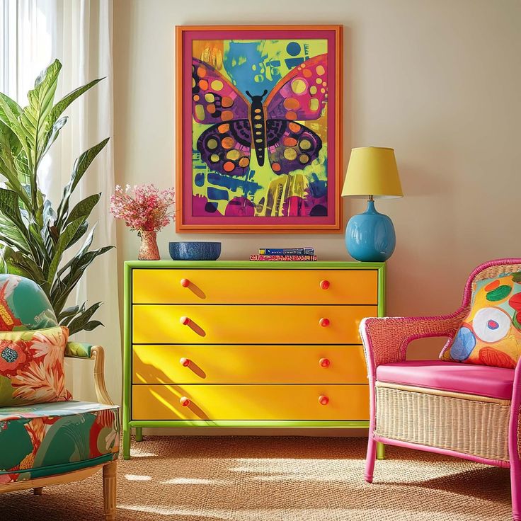 Bright sitting area with yellow dresser, pink wicker chair, tropical armchair, potted plant and colorful butterfly art