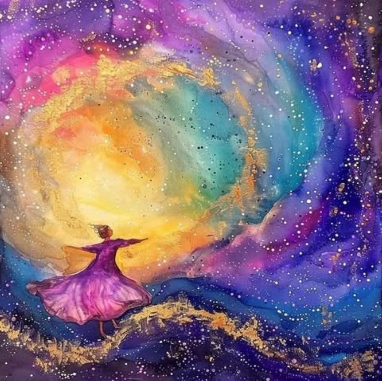 Silhouette of person with arms outstretched under a colorful spiral galaxy with stars