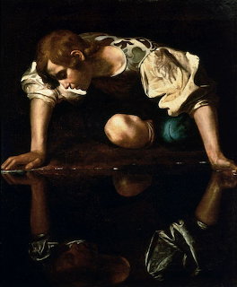 Baroque painting of youth leaning over water gazing at reflection in dramatic lighting