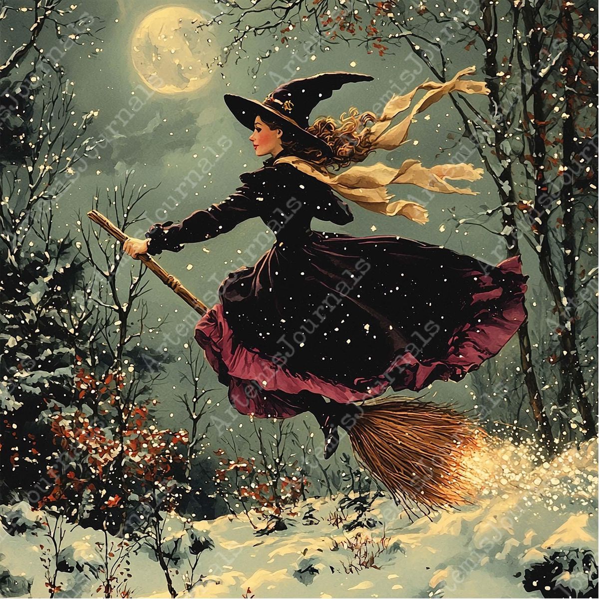 Witch flying on broomstick through snowy forest under full moon with magical sparkles