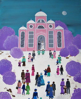Folk art painting of a pink church in snow with crowds and purple trees at a winter wedding