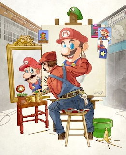 Illustration of Mario painting his self-portrait in front of a mirror with reference pictures around him