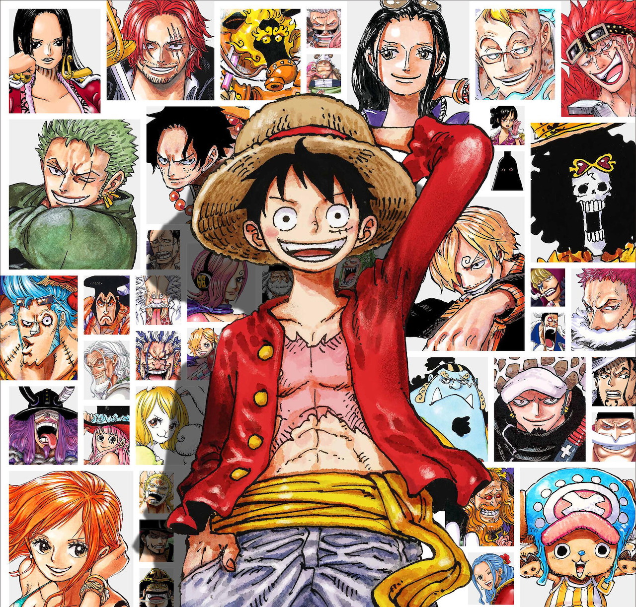 One Piece anime collage with Luffy center and surrounding character portraits