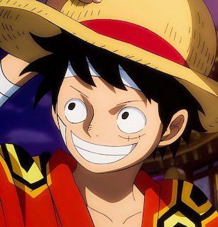 Smiling anime character Luffy wearing a straw hat and red vest