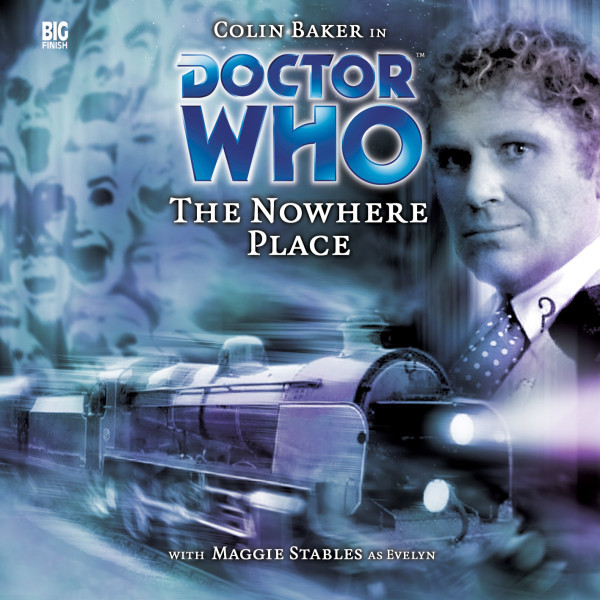 Doctor Who cover art with Colin Baker, a steam train, and ghostly blue faces
