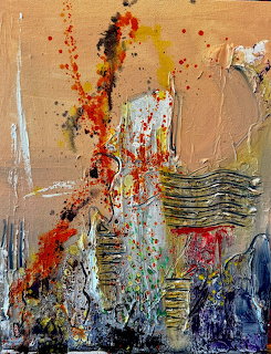 Abstract mixed media art with red, yellow, white paint, textured layers and drips on tan background