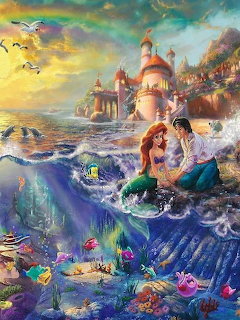 Red-haired mermaid and prince on rocks by the sea with a castle above and colorful fish underwater