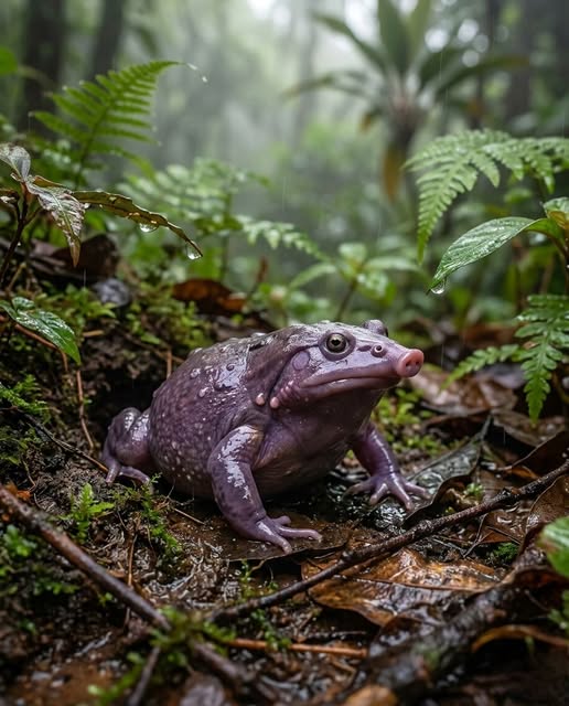 Purple frog on a wet forest floor among moss, leaves, and ferns