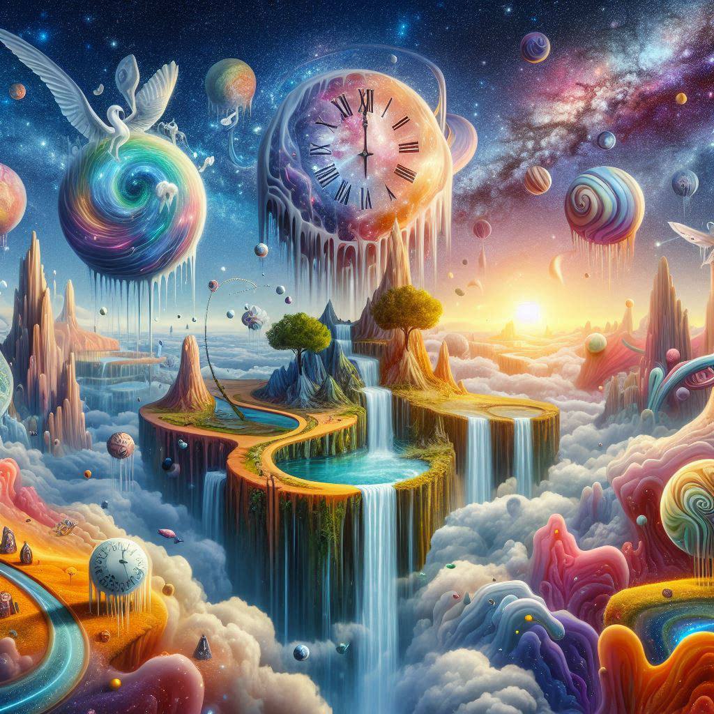 Surreal fantasy landscape with floating islands, cosmic elements, waterfalls, and colorful swirling galaxies