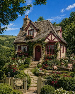Tudor cottage with half-timbered facade, arched door, surrounded by garden and stone path
