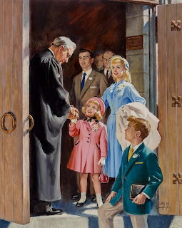 Painting of a minister greeting a family with children outside church doors after service