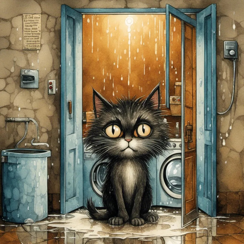 Illustrated black cat sitting in a wet doorway with a washing machine in the background