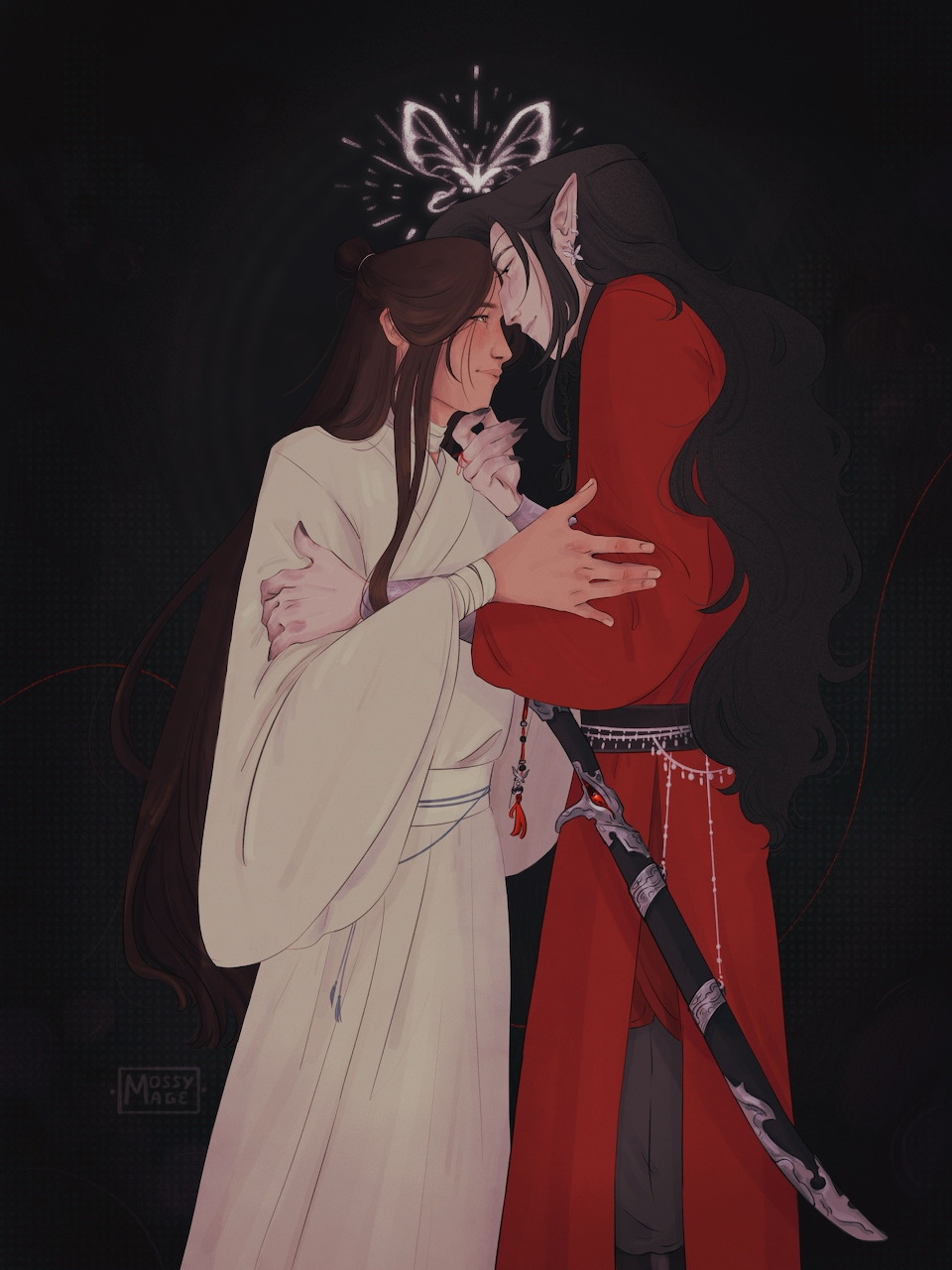 Two figures embracing, one wearing white robes and crown, the other in red against black background