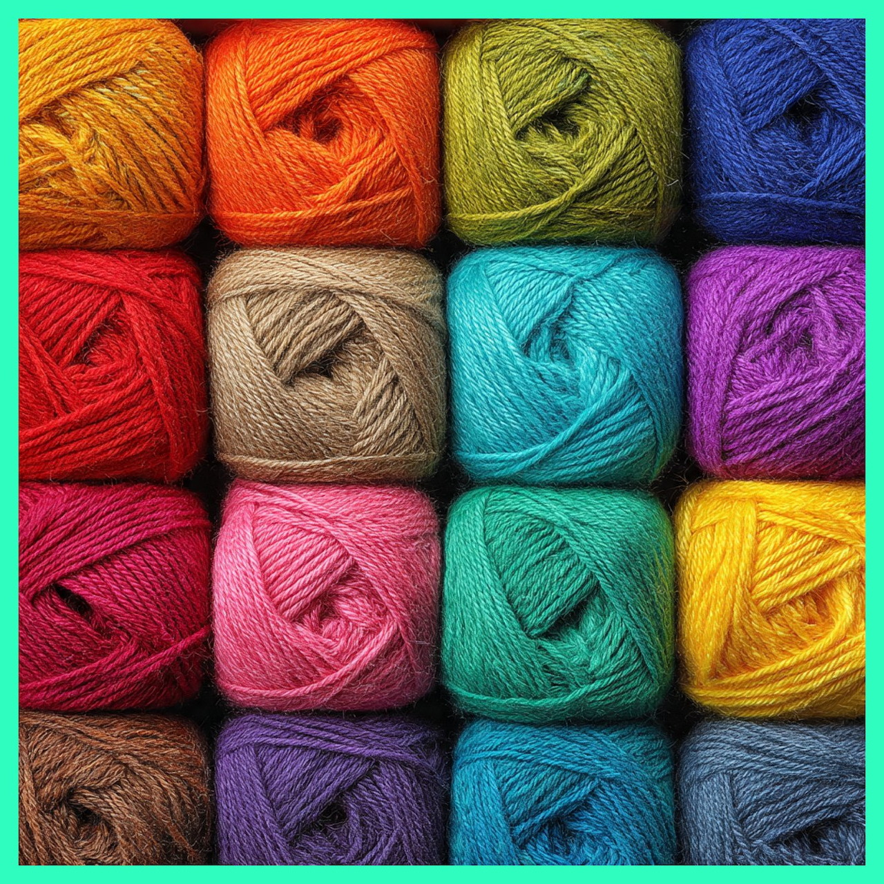 Grid of colorful yarn balls arranged in rows showing rainbow spectrum of thread colors
