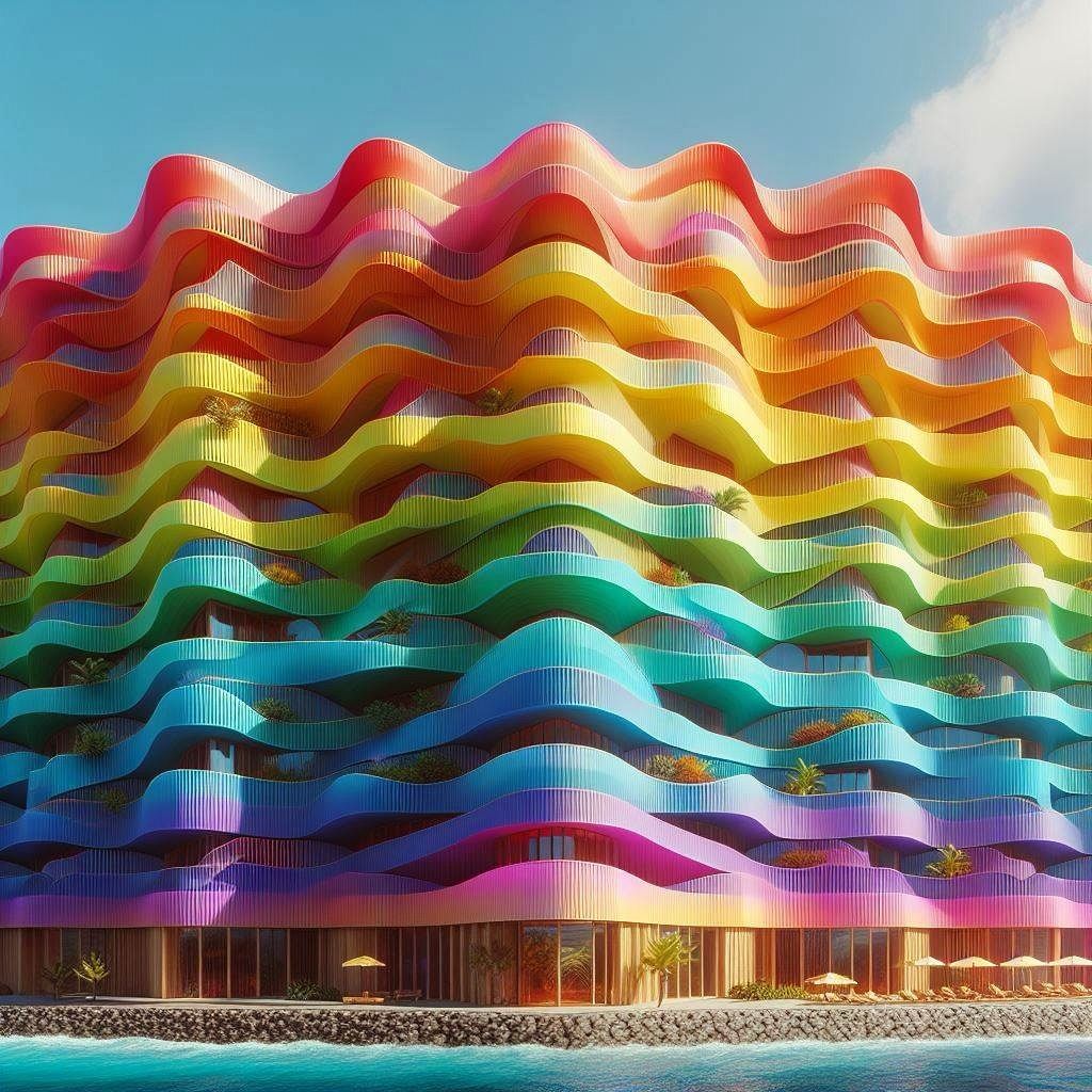 Colorful modern building with rainbow horizontal wavy stripes