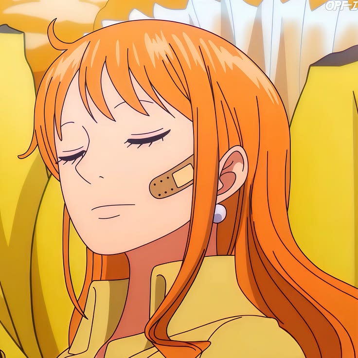 Orange-haired anime girl with bandage on cheek, eyes closed, wearing yellow clothing