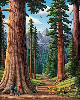 Painting of giant sequoia trees in a forest with a trail, hikers, and mountains in the distance