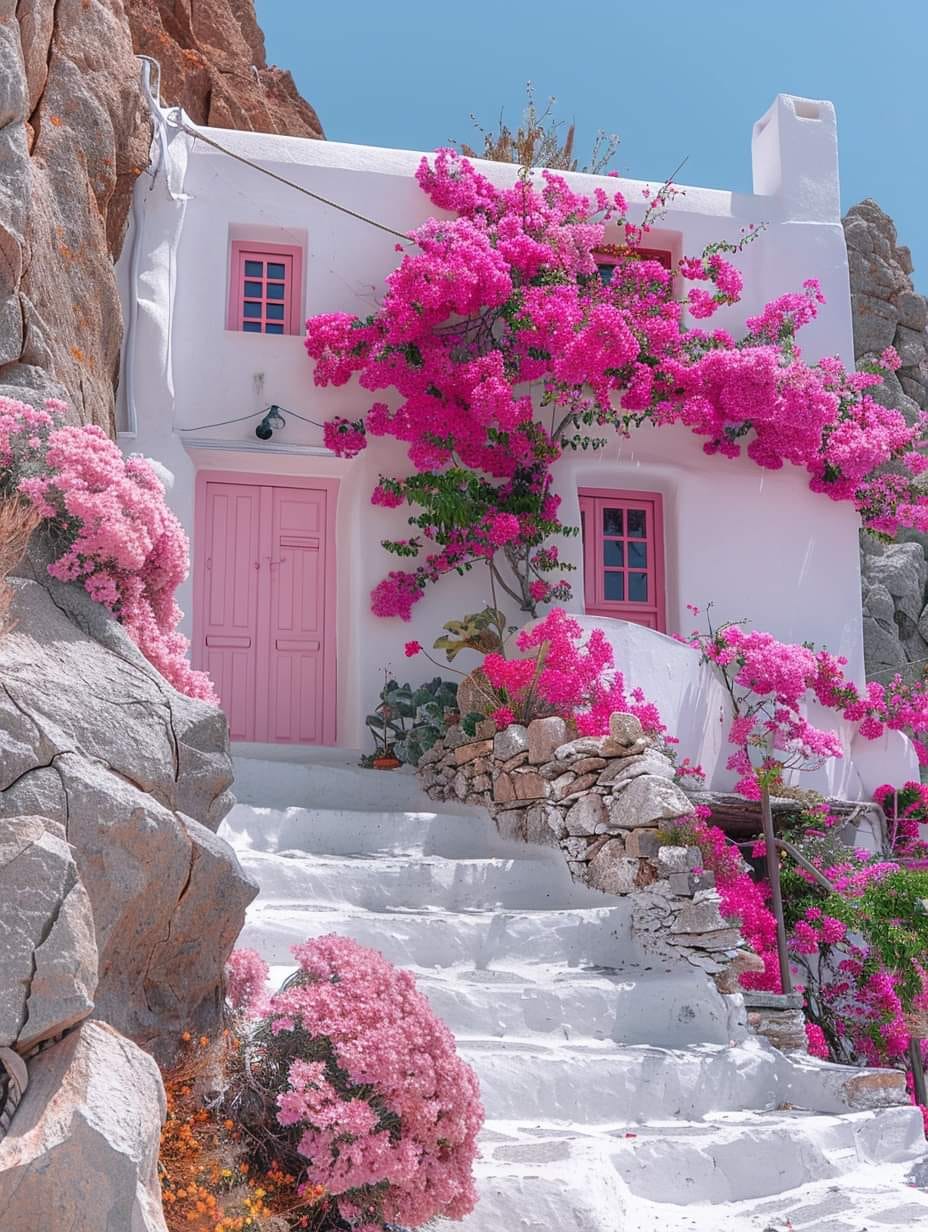 White Greek island house covered in pink bougainvillea flowers with stone steps and a pink door