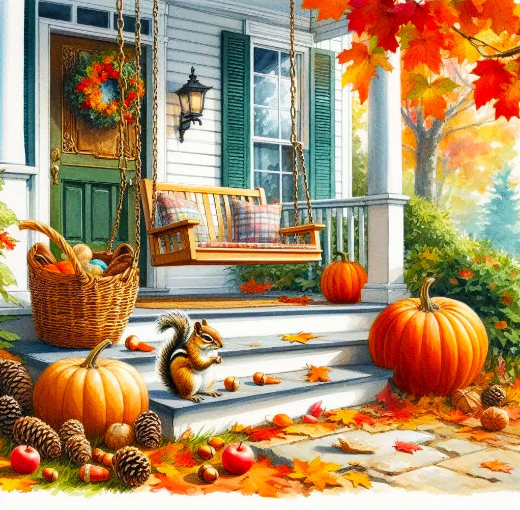 Autumn decorated porch with pumpkins, fall leaves, wreath, wooden swing, and chipmunk on cottage steps