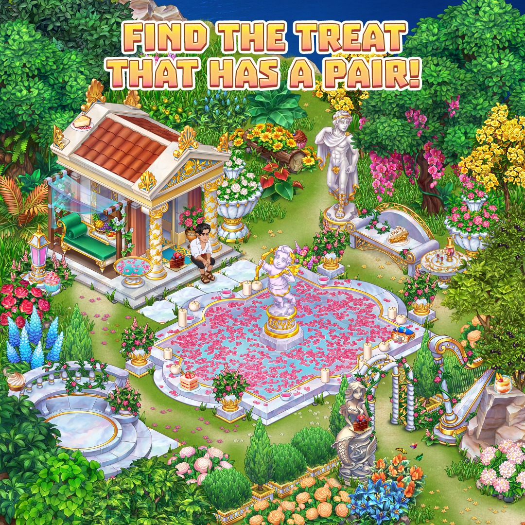 Colorful illustrated garden courtyard with pavilion, fountain, statues, flowers, and pool