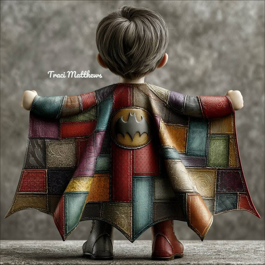 Child seen from behind wearing a colorful patchwork cape with arms outstretched