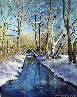 Painting of a snowy forest with birch trees and a narrow blue stream