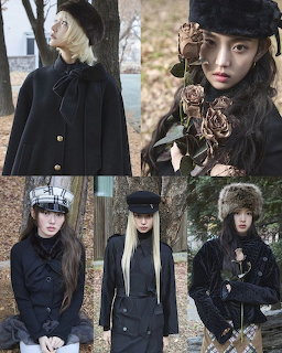 Collage of women wearing black winter coats and fur hats posing outdoors in autumn