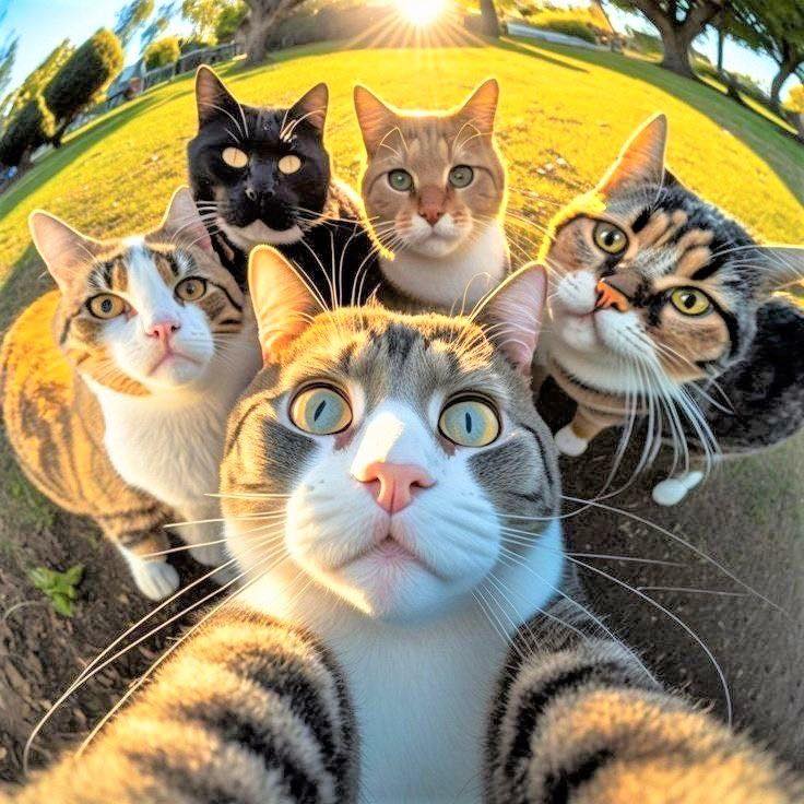 Five cats posing close to a fisheye camera outdoors at sunset