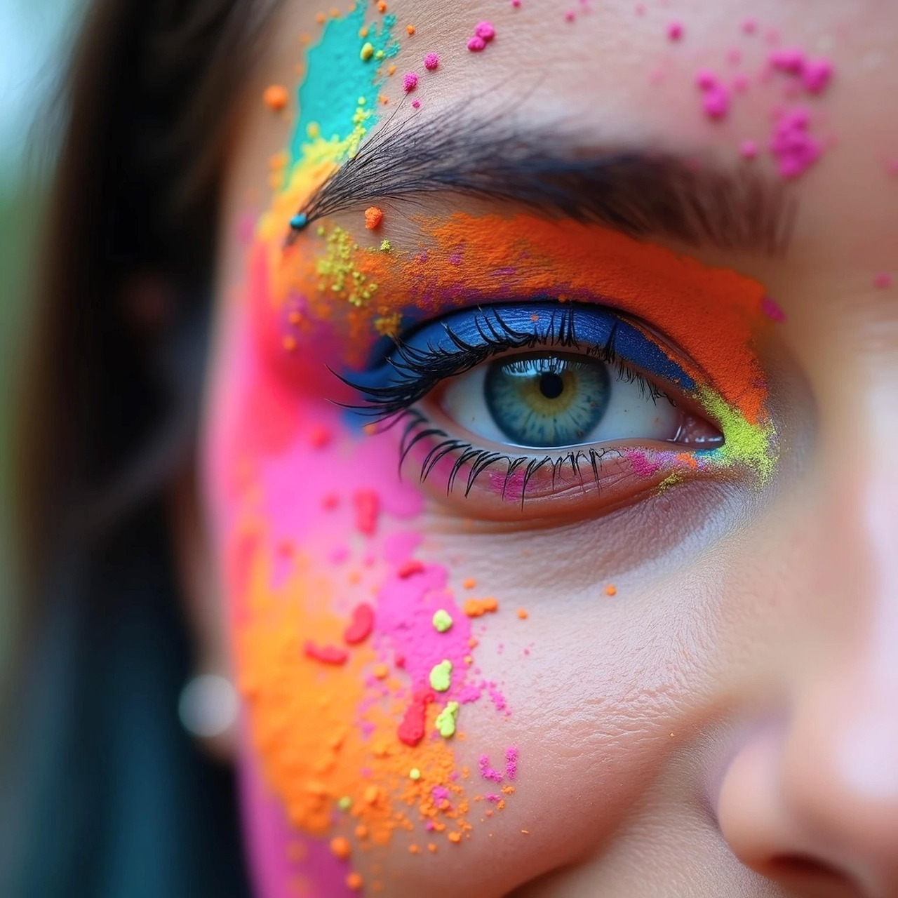 Close-up of eye with vibrant rainbow makeup and glitter on face