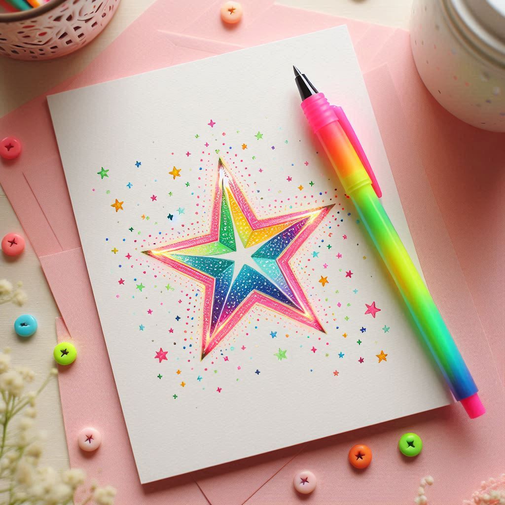 Rainbow colored star drawing on white card with gradient pen and colorful beads on pink background