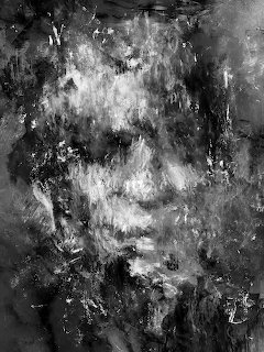 Abstract black and white painting of a face with heavy texture and dark brushstrokes