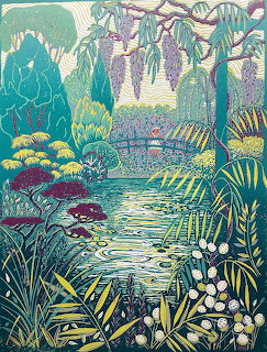 Illustration of garden path under wisteria arch with pond and tropical plants in turquoise and yellow