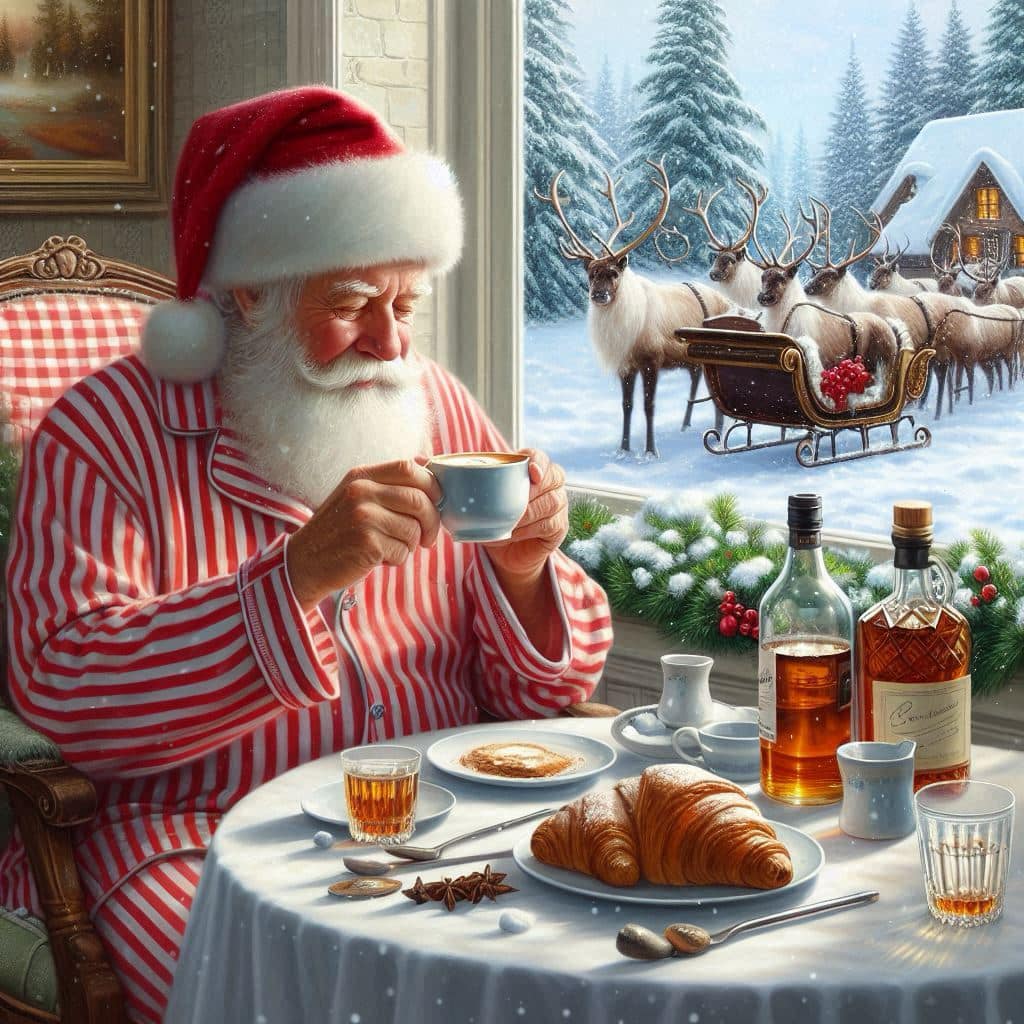 Santa in red and white pajamas having breakfast at a table by a snowy window with reindeer sleigh visible outside