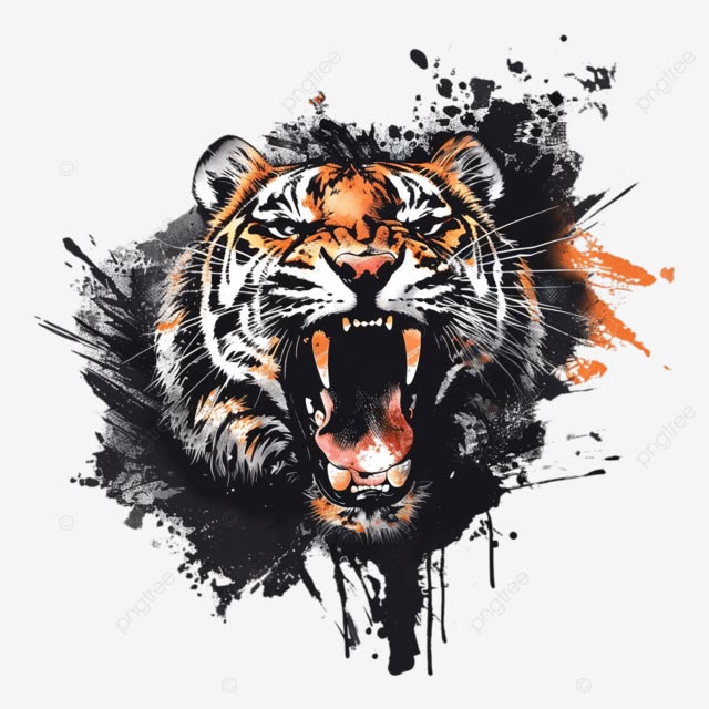 Roaring tiger face with open mouth and fangs in black and orange ink splatter art style
