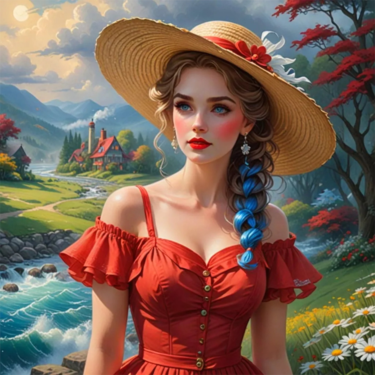 Digital painting of a woman in a red dress and straw hat by a river with mountains and flowers