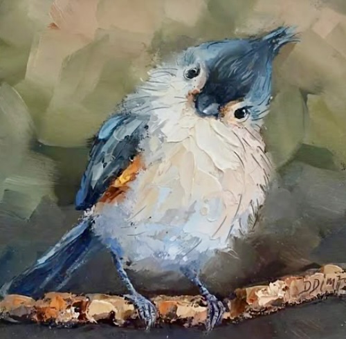 Oil painting of a tufted titmouse bird with blue-gray feathers perched on a branch
