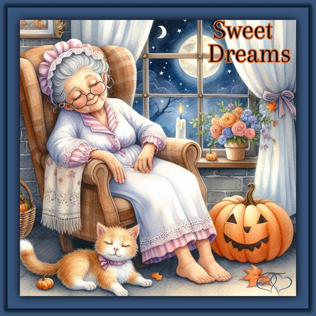 Illustration of elderly woman sleeping in armchair with kitten, pumpkin, and moonlit window